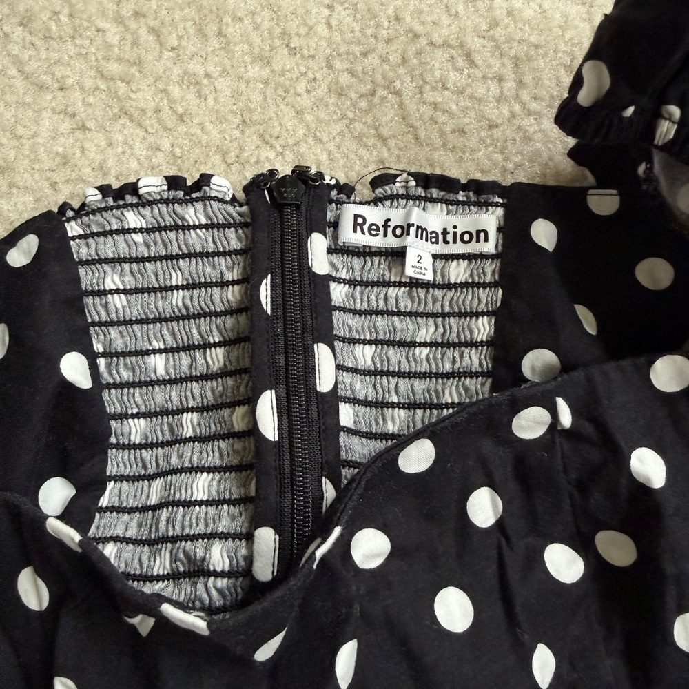 Adorable Reformation Michaela Organic Cotton Polka Dot Mini Dress Black Sz 2 - Picture 5 of 6